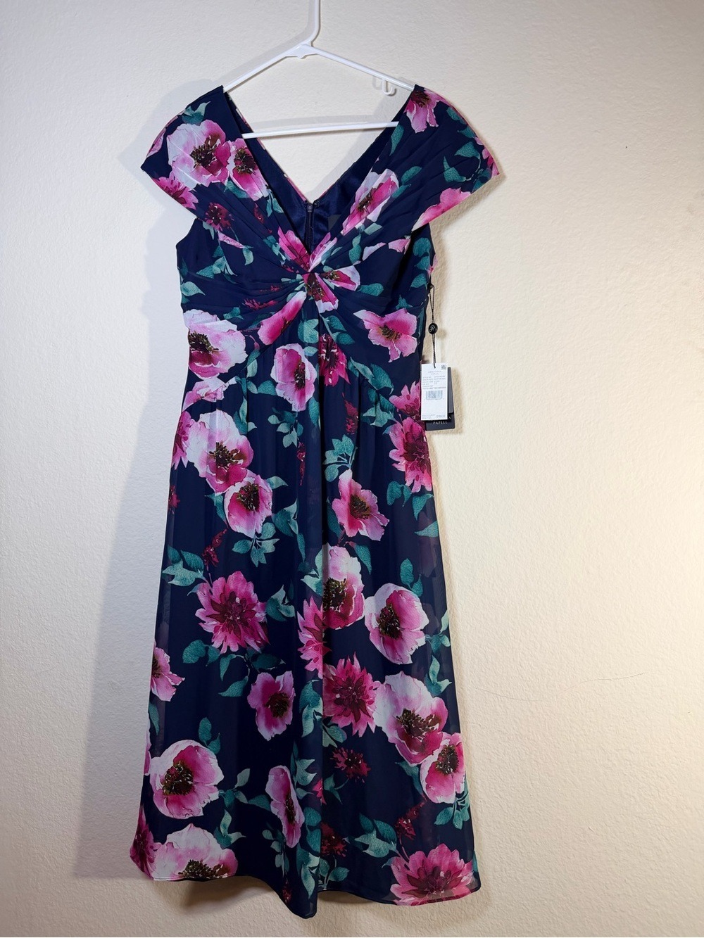 NWT Adrianna Papell Floral Front Twist Midi Dress Navy Pink Size 10 - Picture 9 of 12